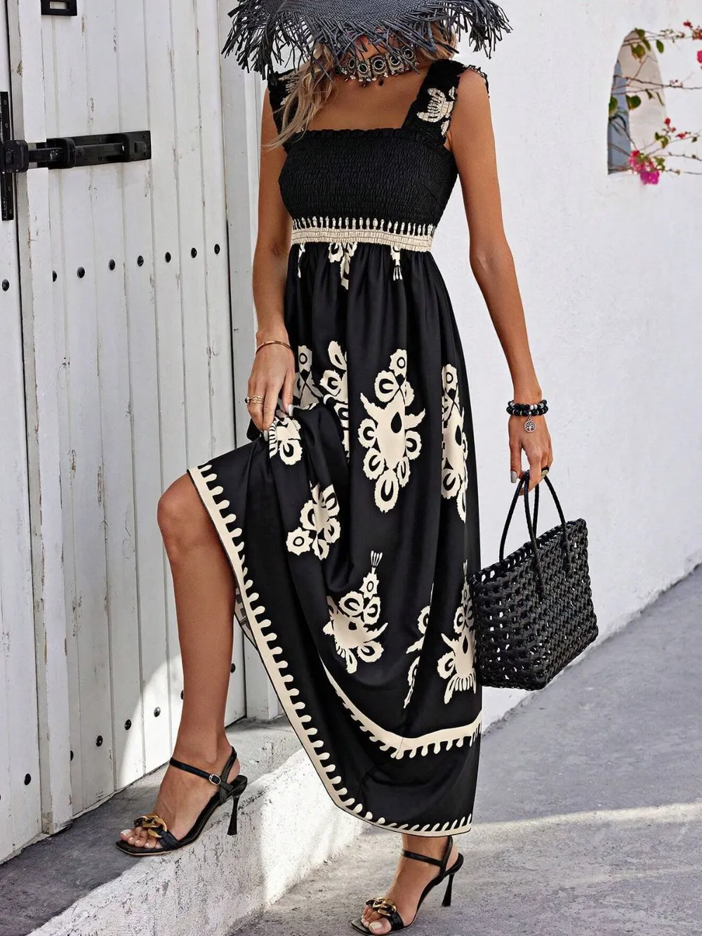Smocked Printed Wide Strap Maxi Dress, image 3