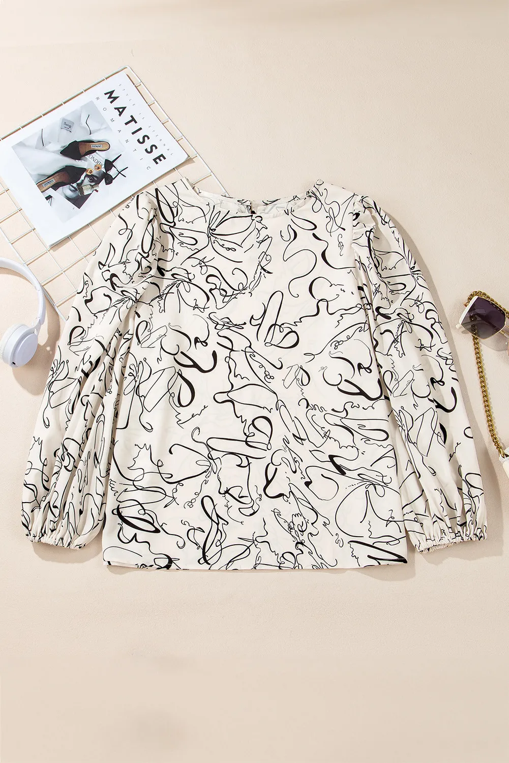 Printed Round Neck Three-Quarter Sleeve Blouse, image 2