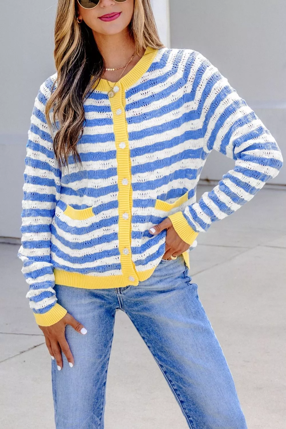 Striped Knit Button Up Cardigan, image 2
