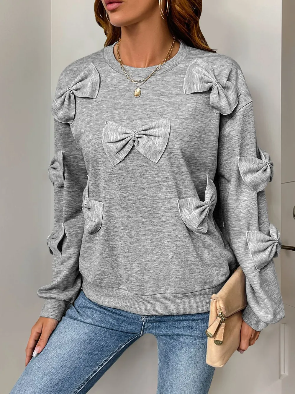 Bow Round Neck Long Sleeve Sweatshirt, image 2