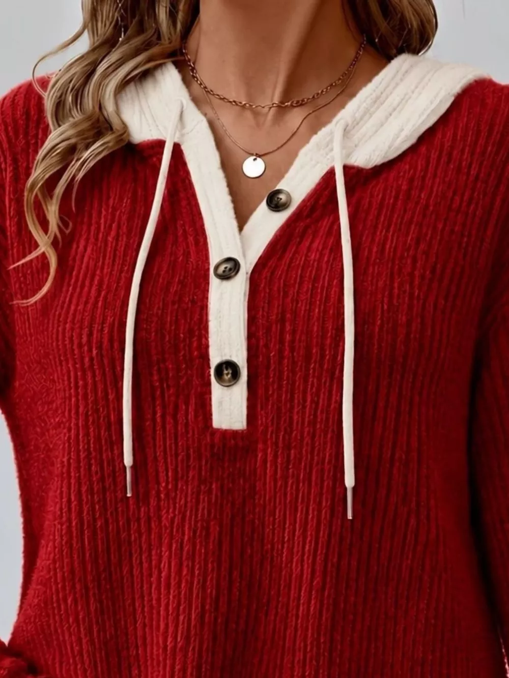Full Size Drawstring Button Detail Hooded Sweater Plus Size, image 8