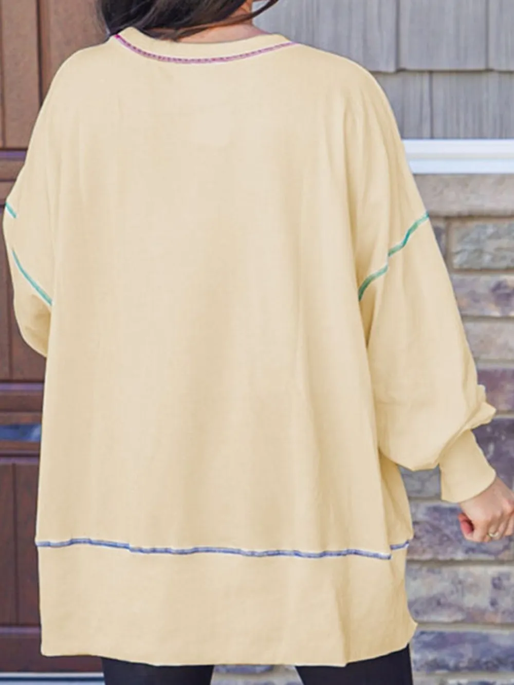 Slit Round Neck Lantern Sleeve Sweatshirt, image 2