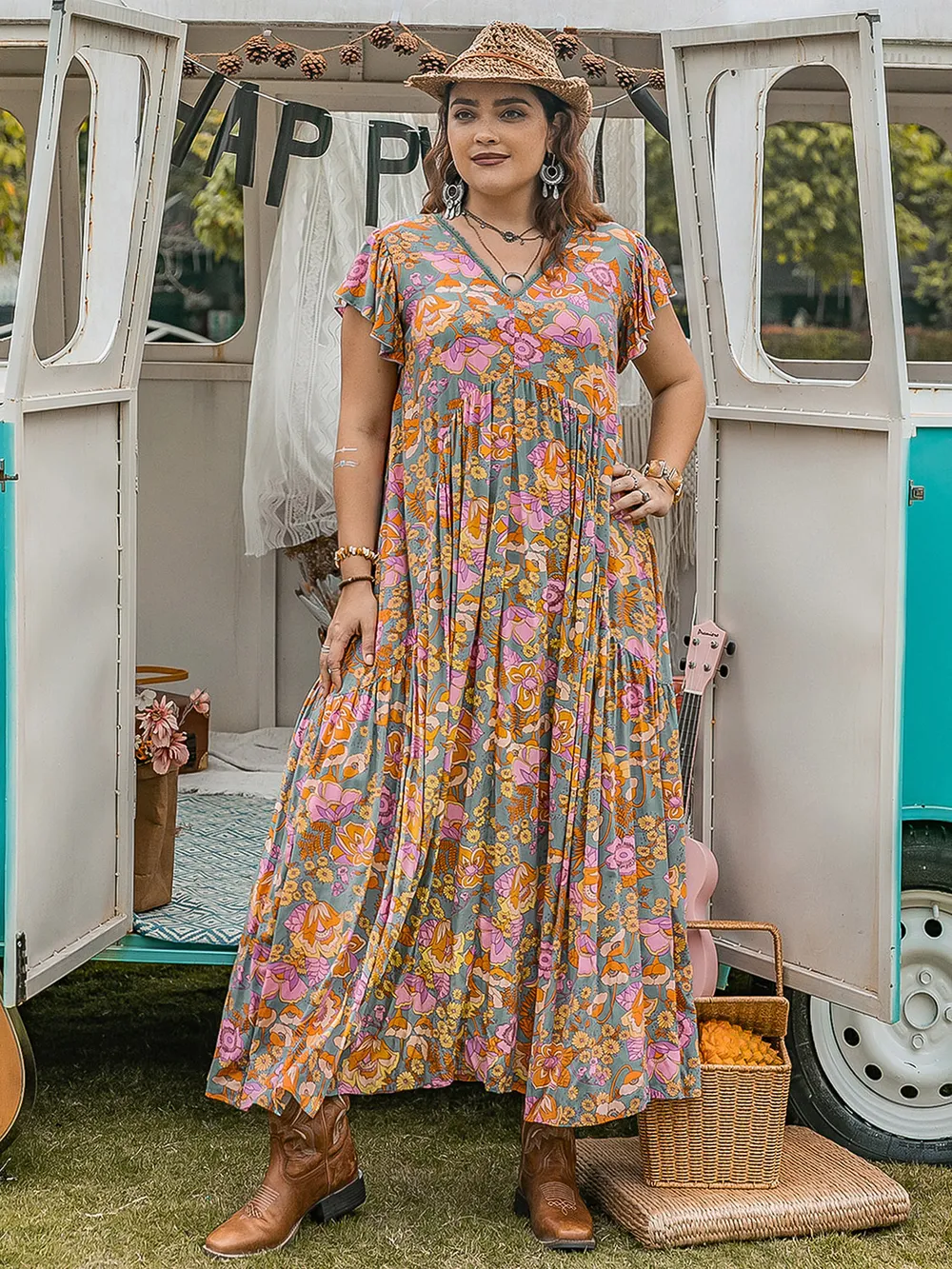 Plus Size Ruffled Printed Cap Sleeve Dress, image 2