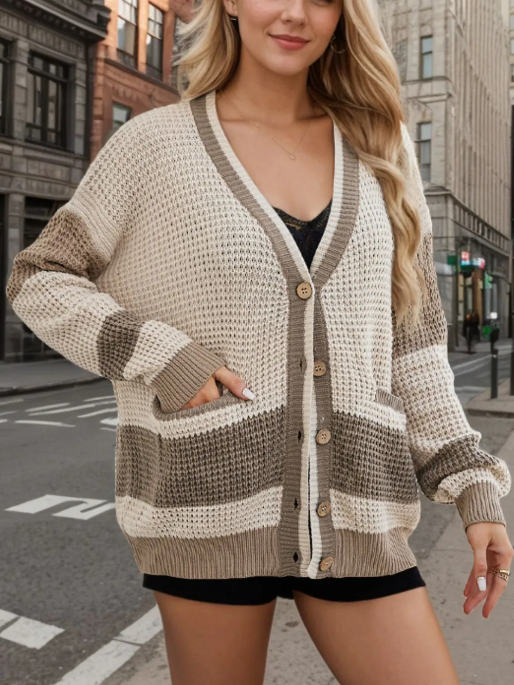 Contrast Button Up Long Sleeve Cardigan, image 12