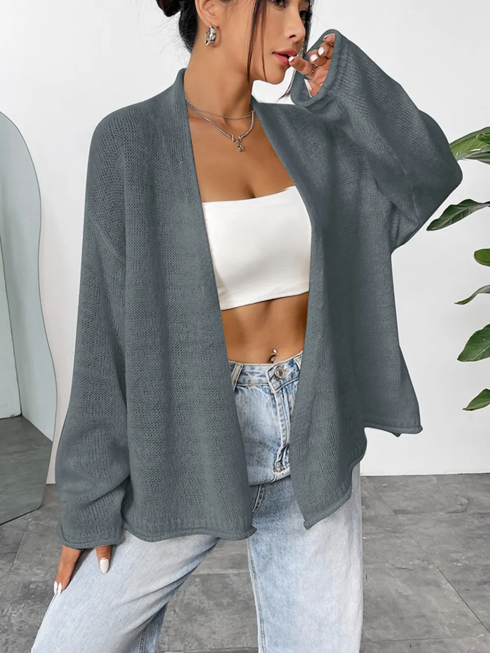 Open Front Dropped Shoulder Cardigan, image 2