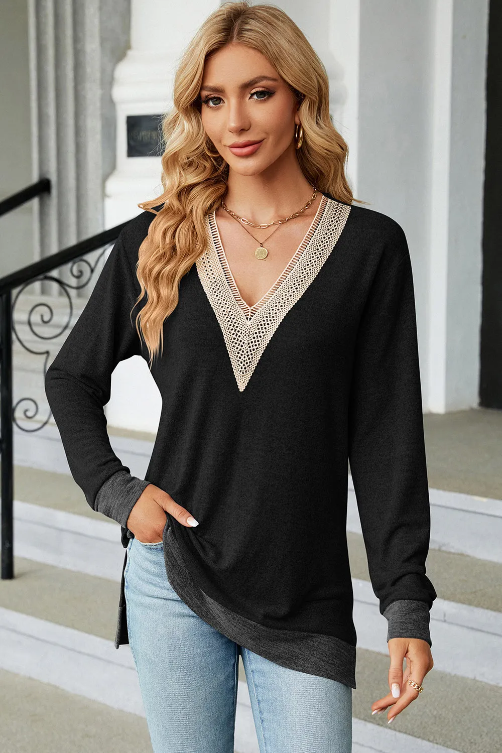 Slit V-Neck Long Sleeve T-Shirt, image 8