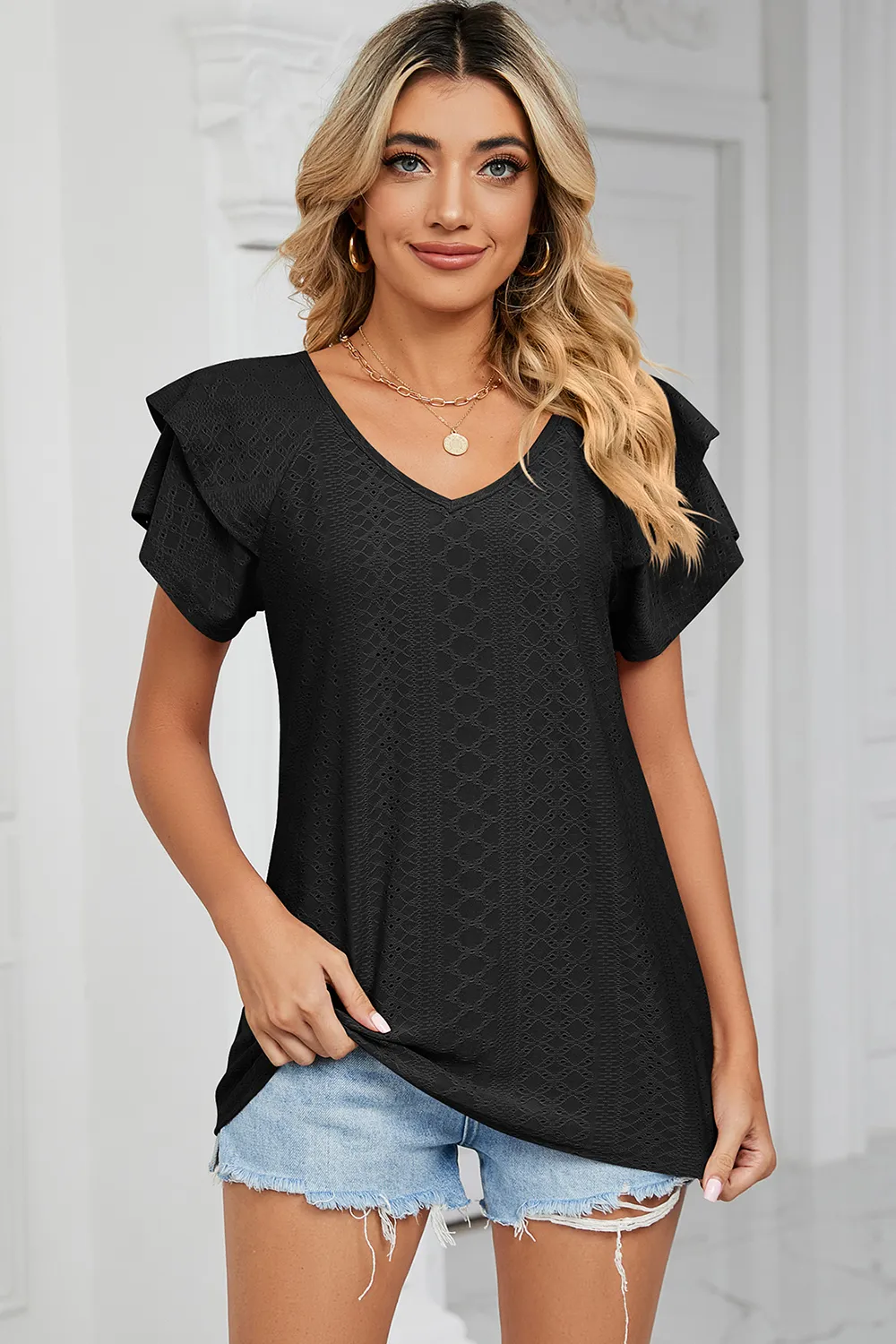 Eyelet V-Neck Short Sleeve T-Shirt, image 10