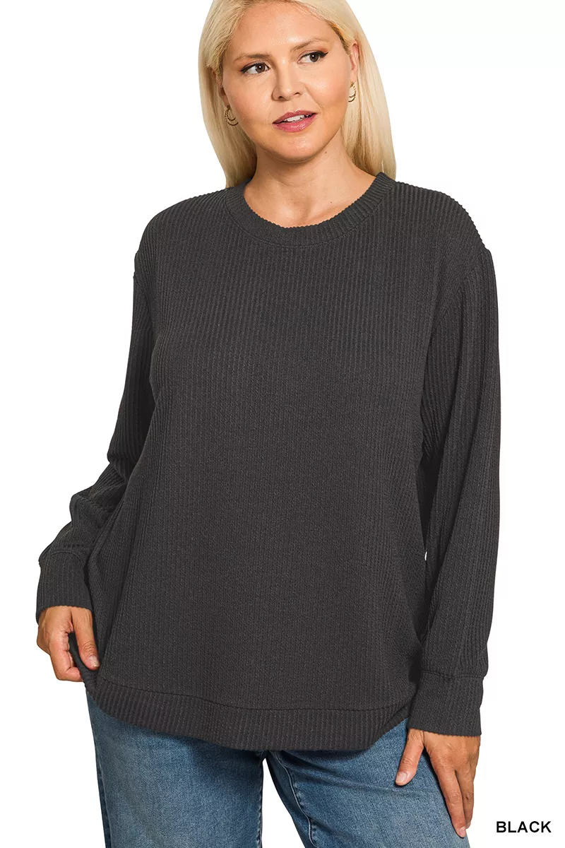 Full Size Raised Rib Round Neck Long Sleeve Top Plus Size, image 2