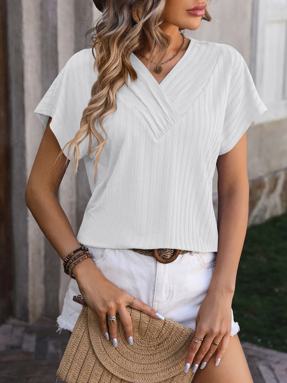 Textured Surplice Short Sleeve Blouse, image 2
