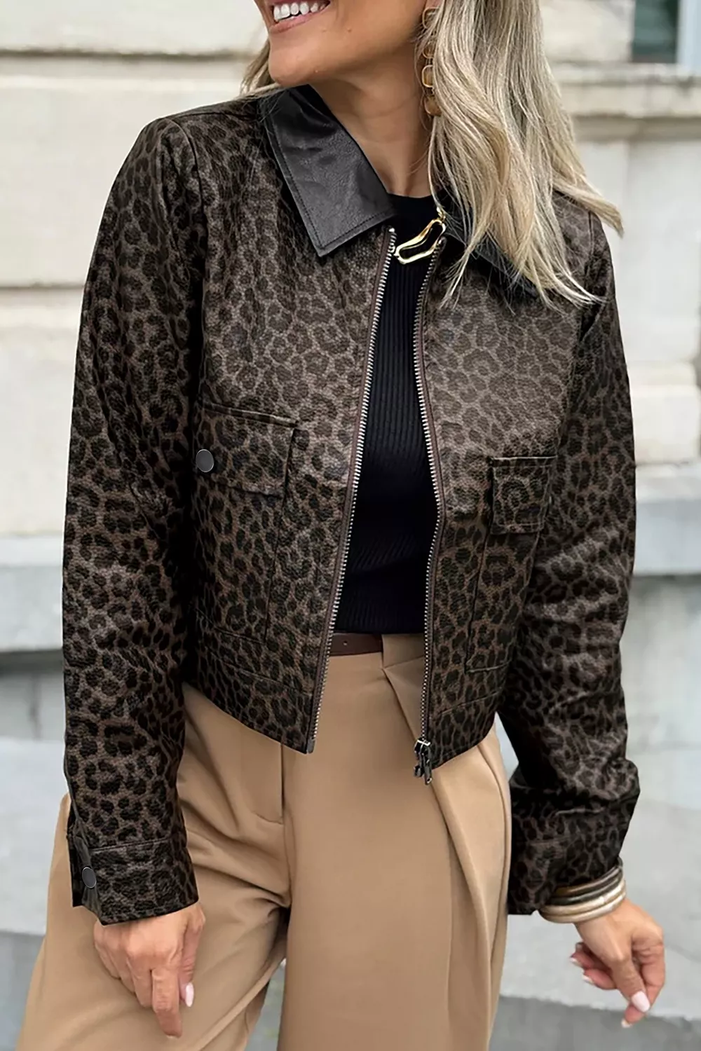Leopard Print Cropped Faux Leather Jacket with Utility Pockets, image 2
