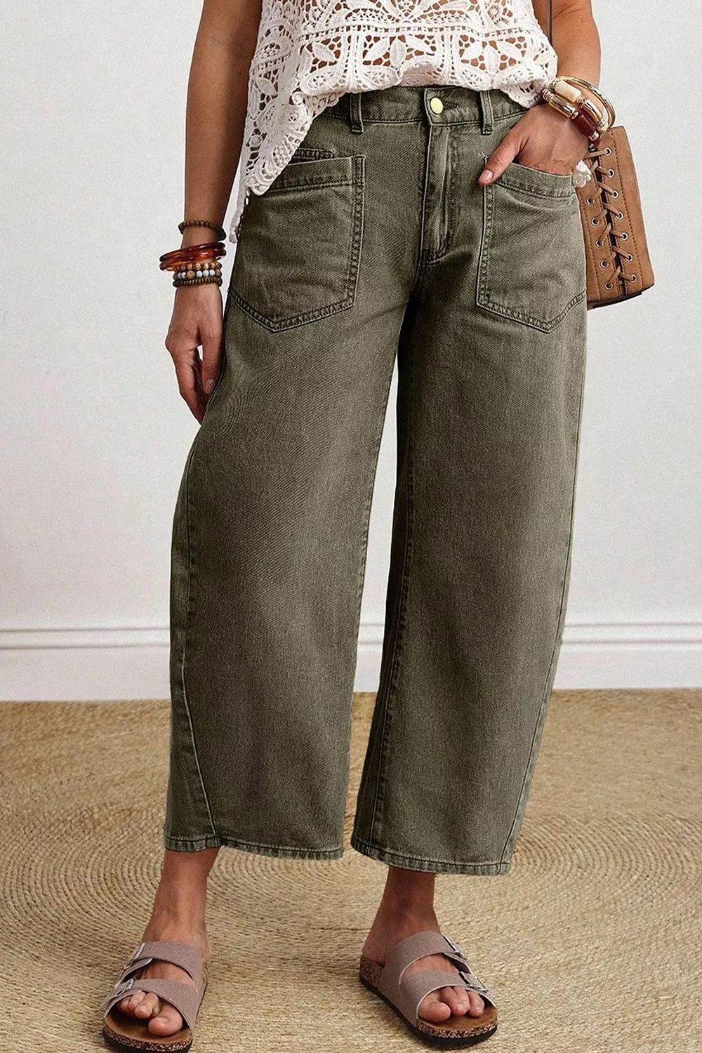 Four Leaf Clover Solid Color Square Patch Pocket Ankle-length Barrel Jeans, image 4