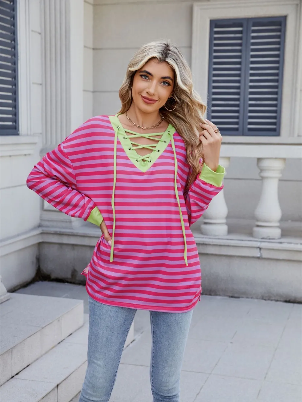 Lace-Up Striped Long Sleeve T-Shirt, image 3