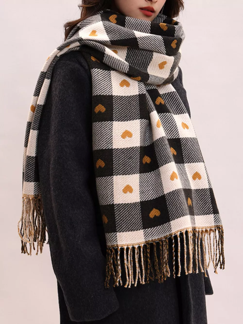 Heart Pattern Plaid Tassel Scarf, image 2
