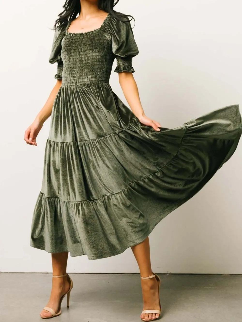 Smocked Half Sleeve Tiered Midi Dress, image 2