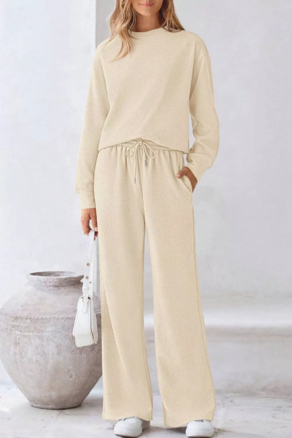 Round Neck Long Sleeve Top and Pants Set