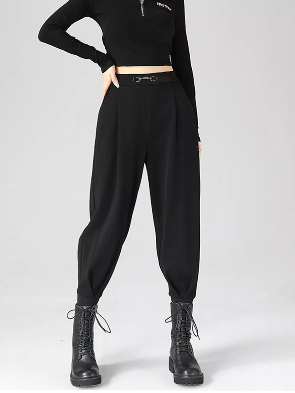 High-Waisted Buckle Detail Tapered Pants, image 2