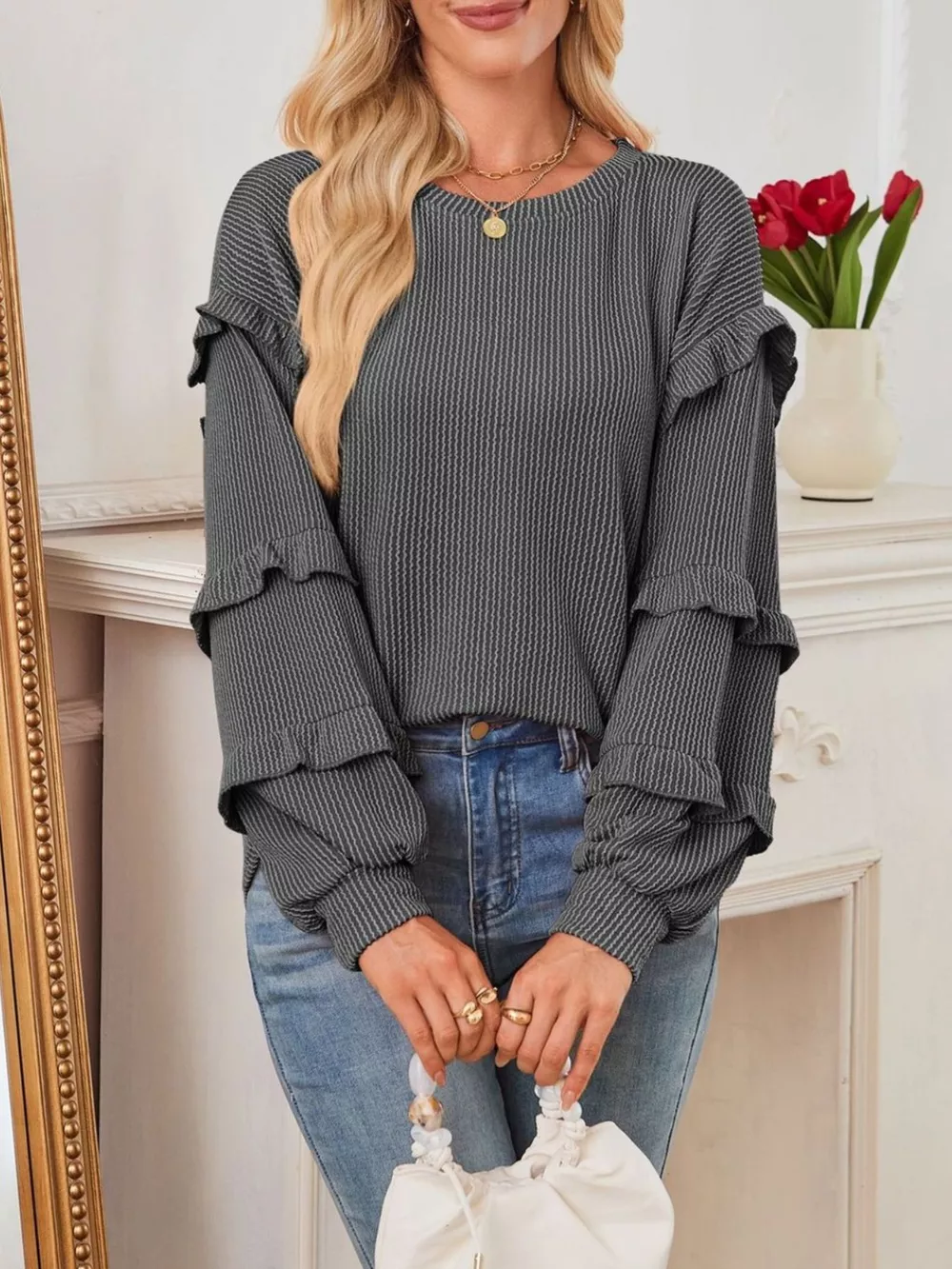 Ruffle Trim Long Sleeve Blouse, image 2