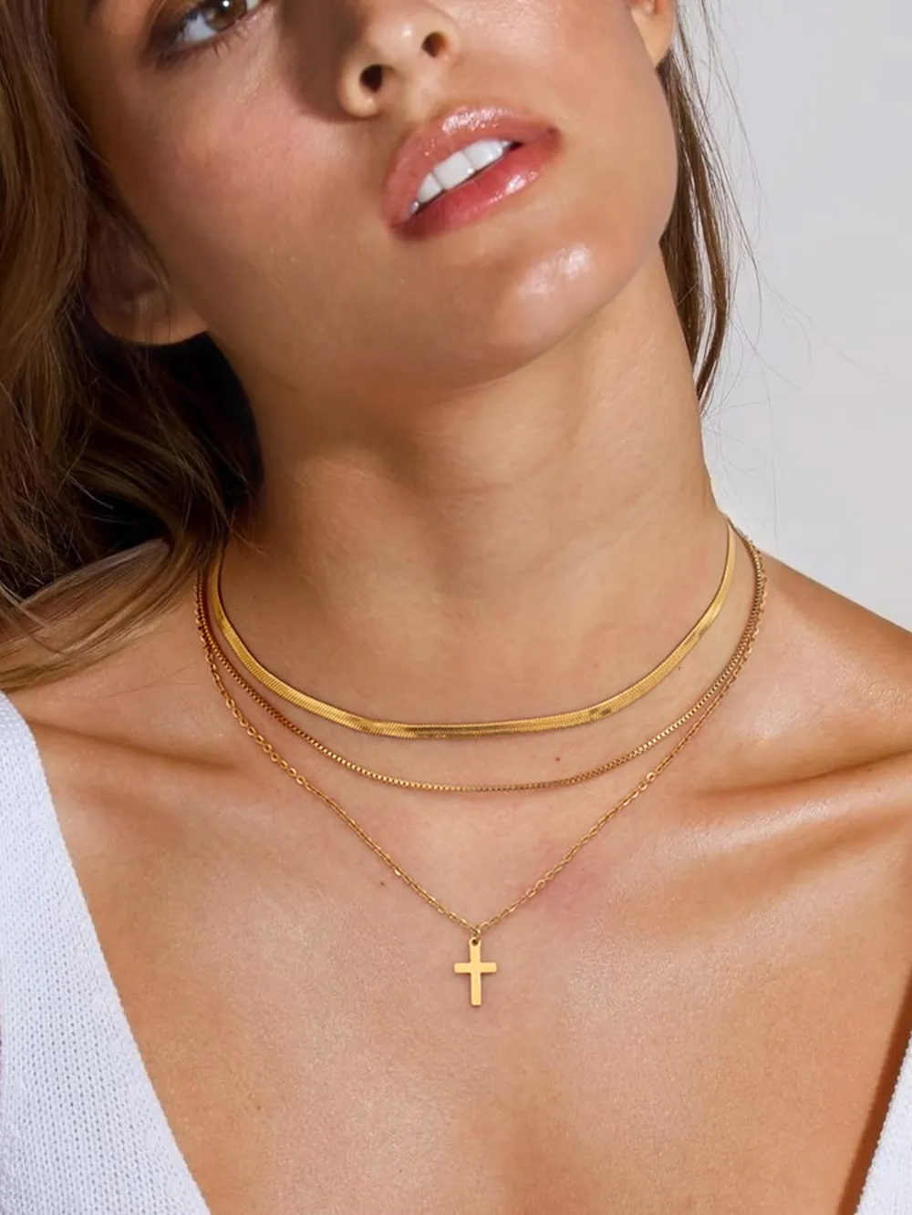 18K Gold-Plated Three-Layered Cross Necklace, image 2