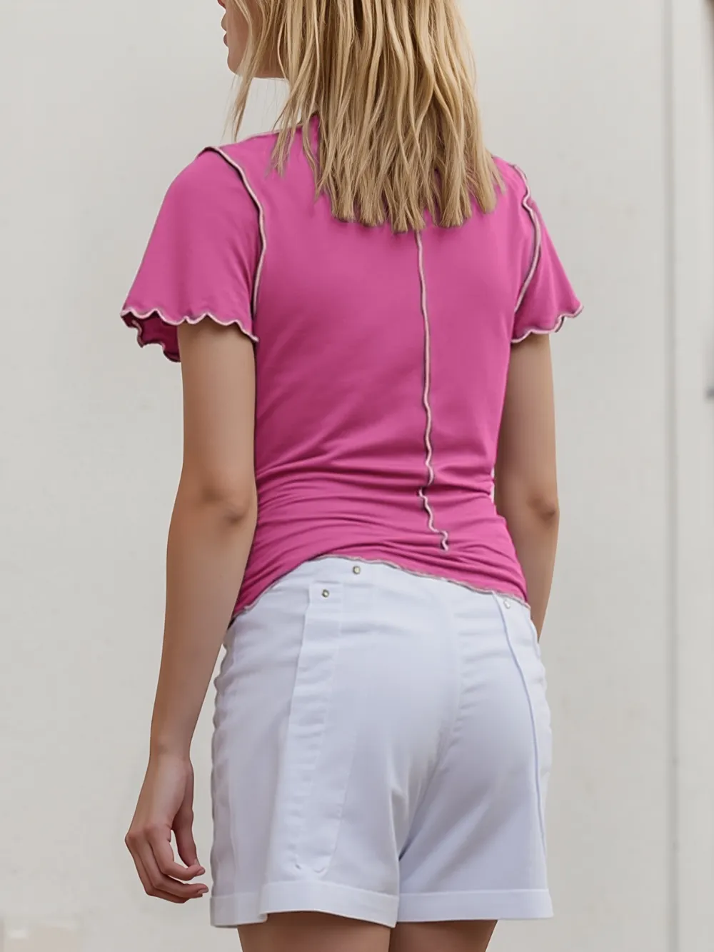 Contrast Trim Mock Neck Short Sleeve T-Shirt, image 2