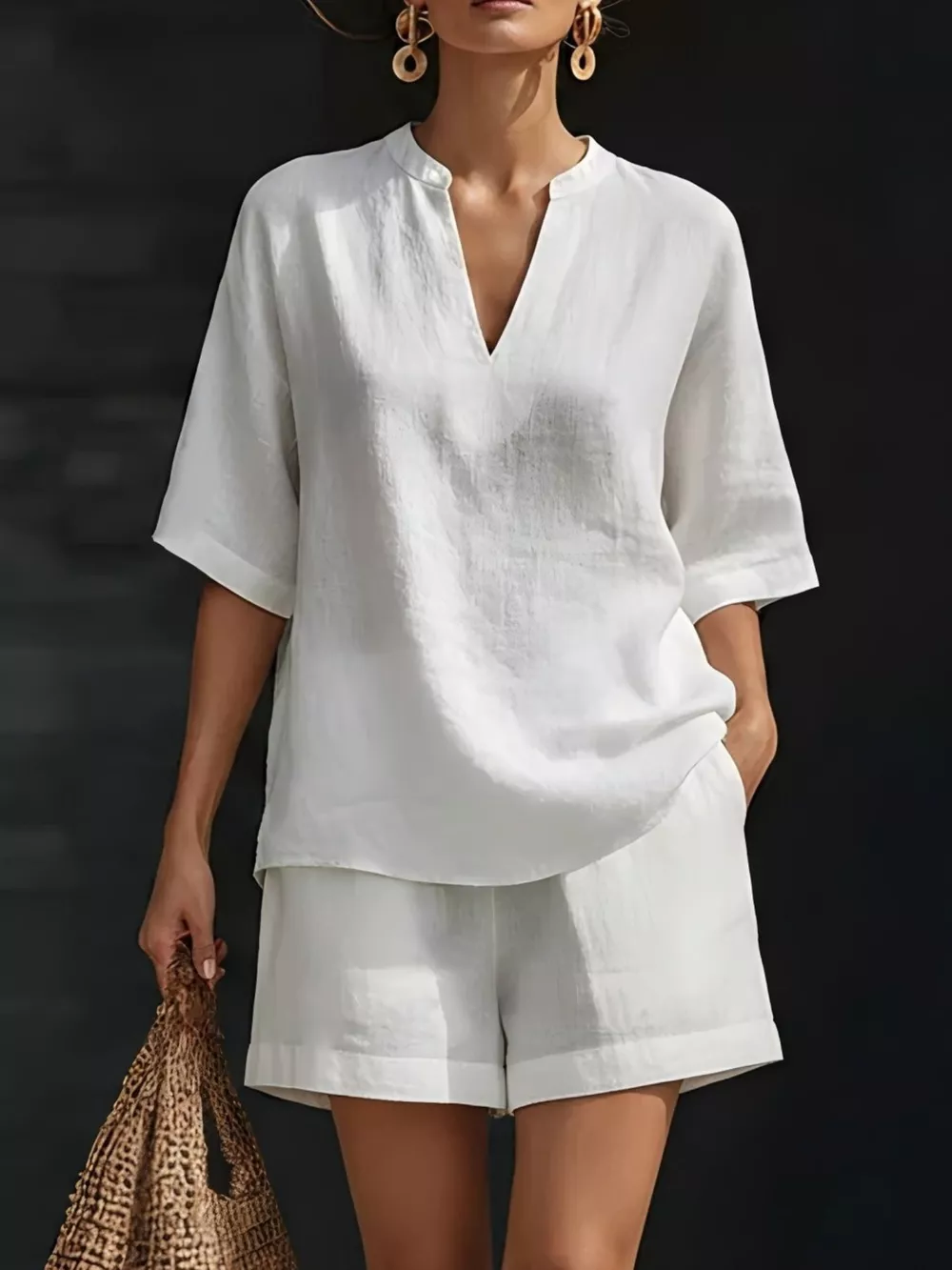 Full Size Notched Half Sleeve Top and Shorts Set Plus Size, image 2