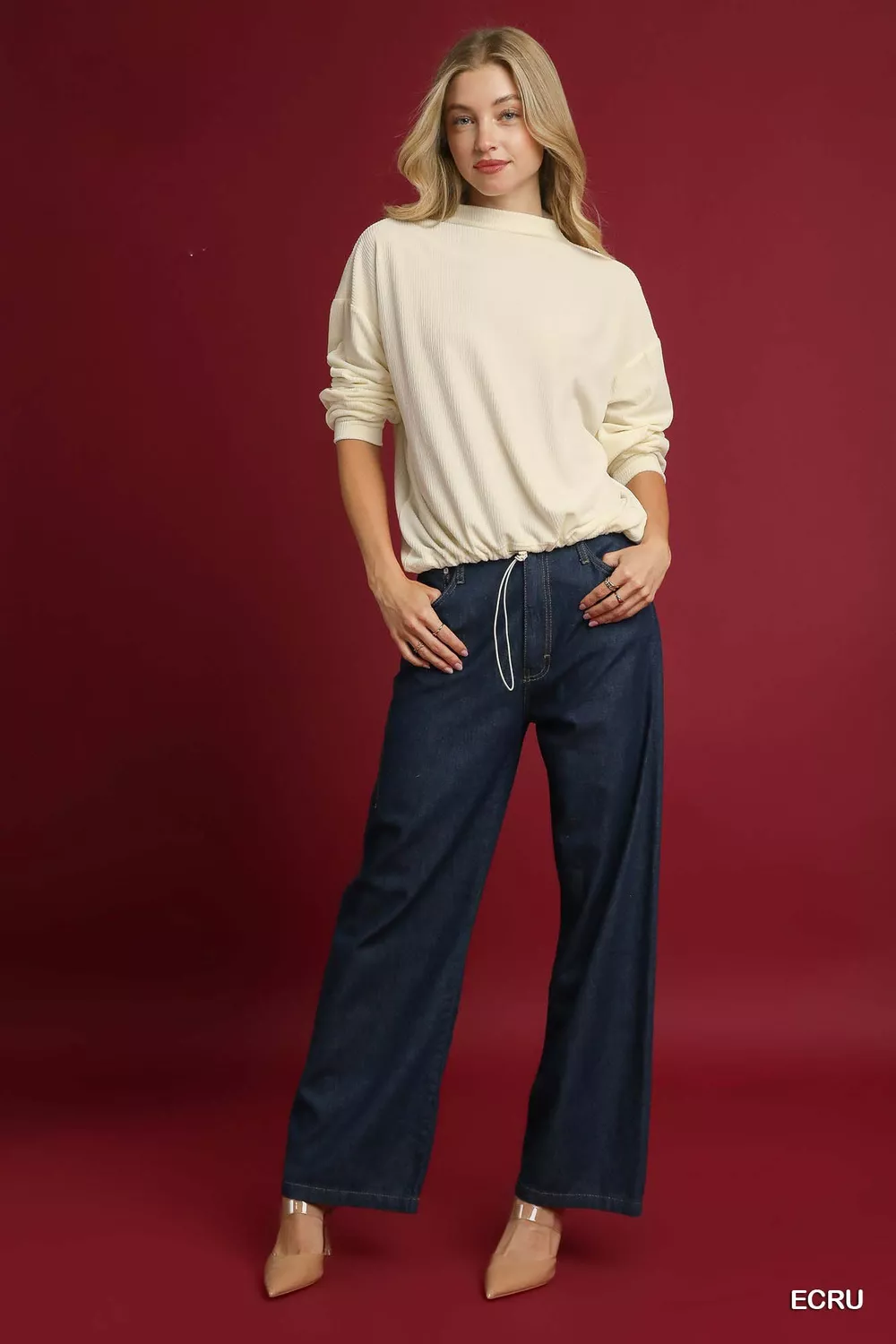 Ribbed Drawstring Hem Knit Top, image 4