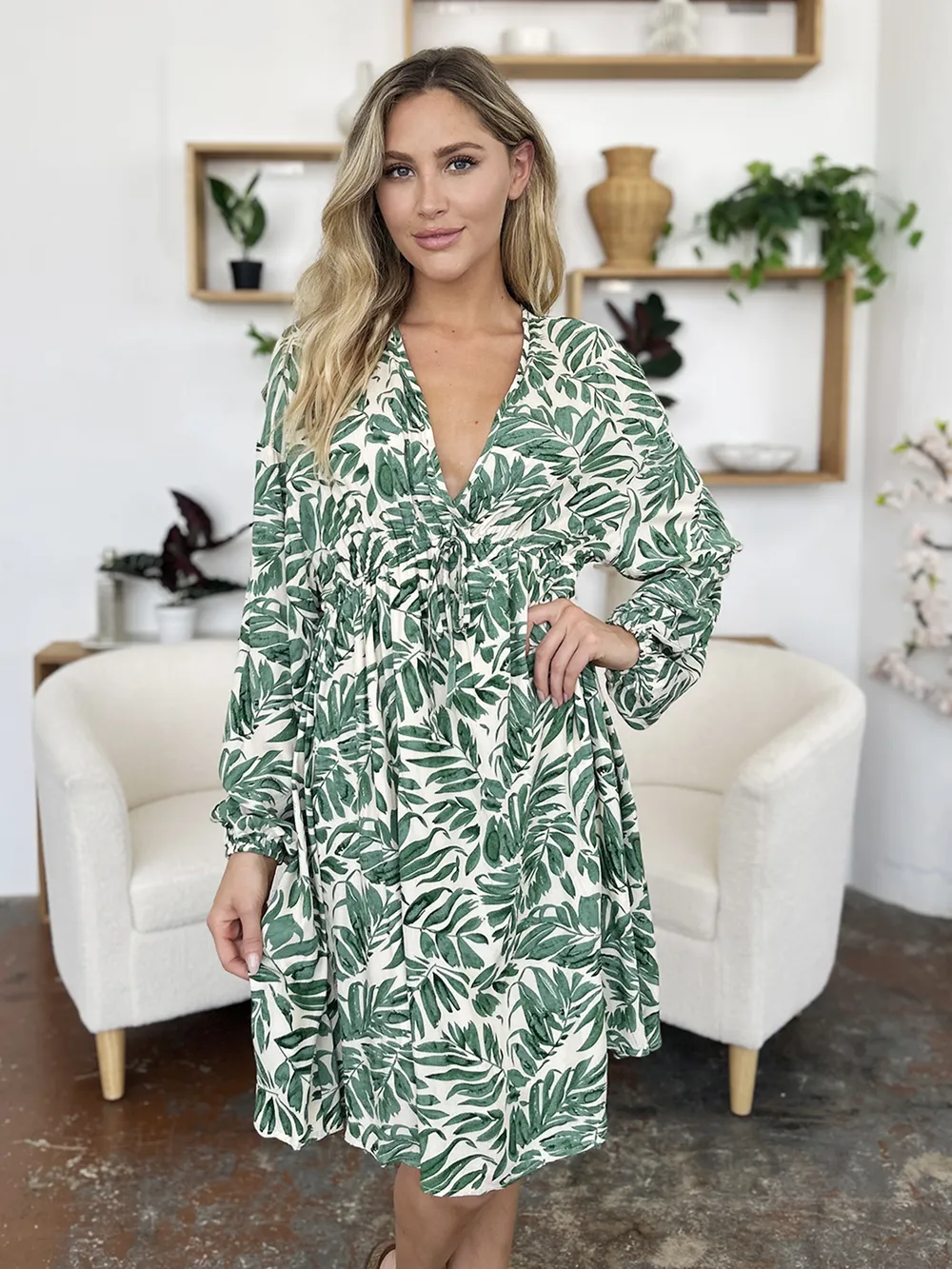 Full Size Printed Ruched Balloon Sleeve Dress, image 2