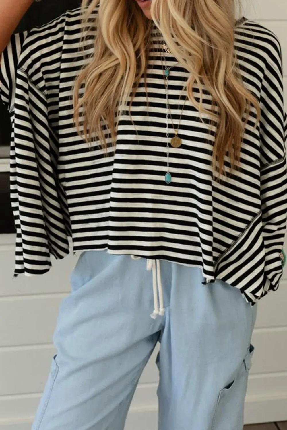 Stripe Batwing Sleeve Round Neck Oversized Top, image 4
