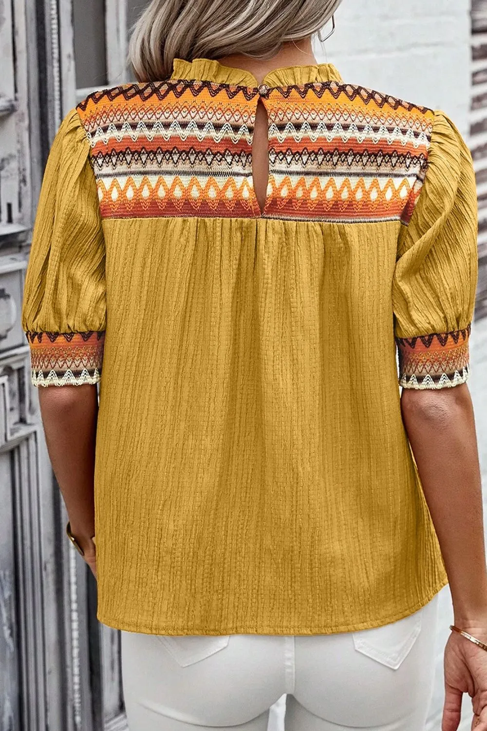 Geometric Frill Mock Neck Short Sleeve Blouse, image 2
