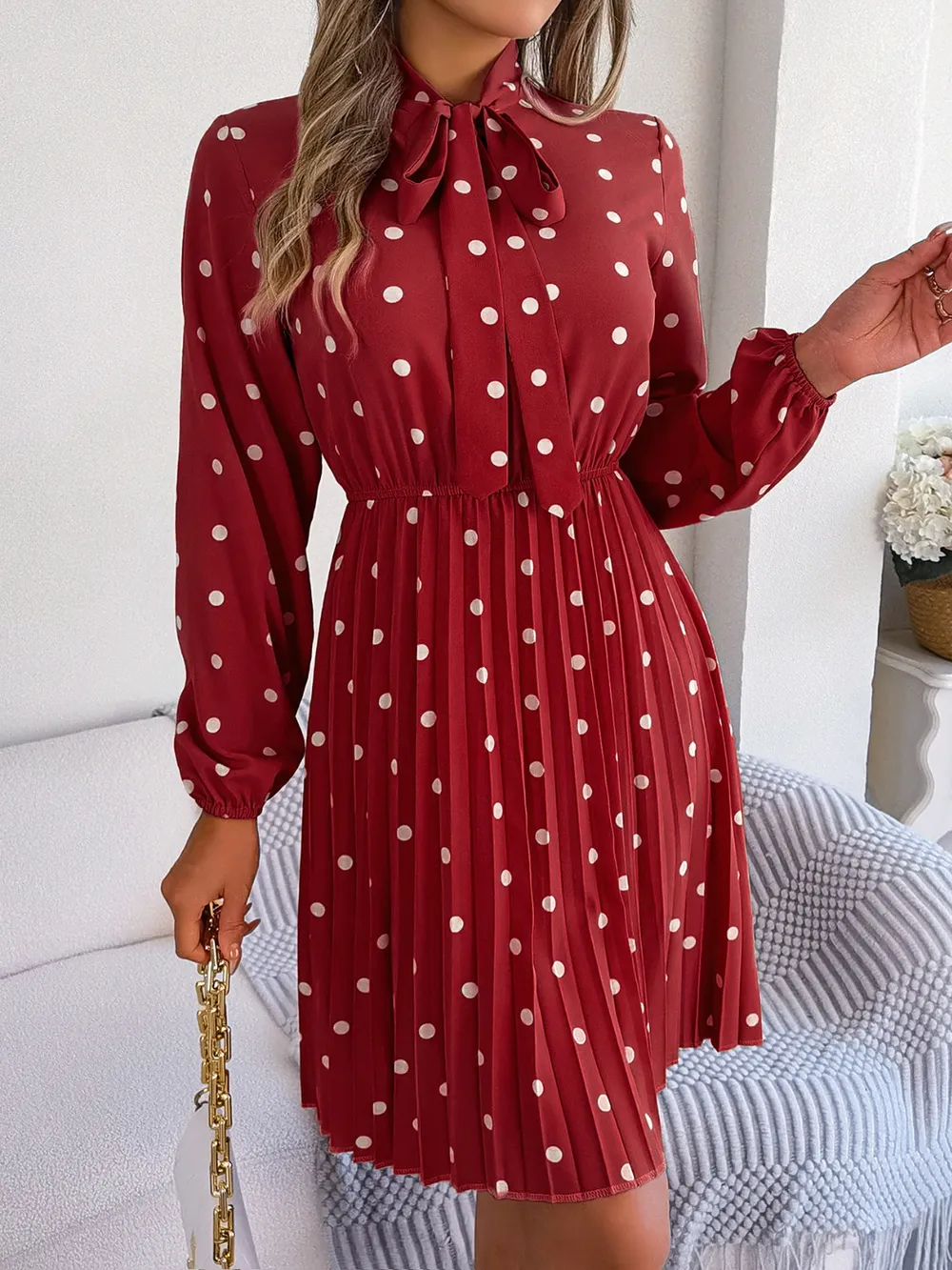 Polka Dot Tie Neck Pleated Dress, image 18
