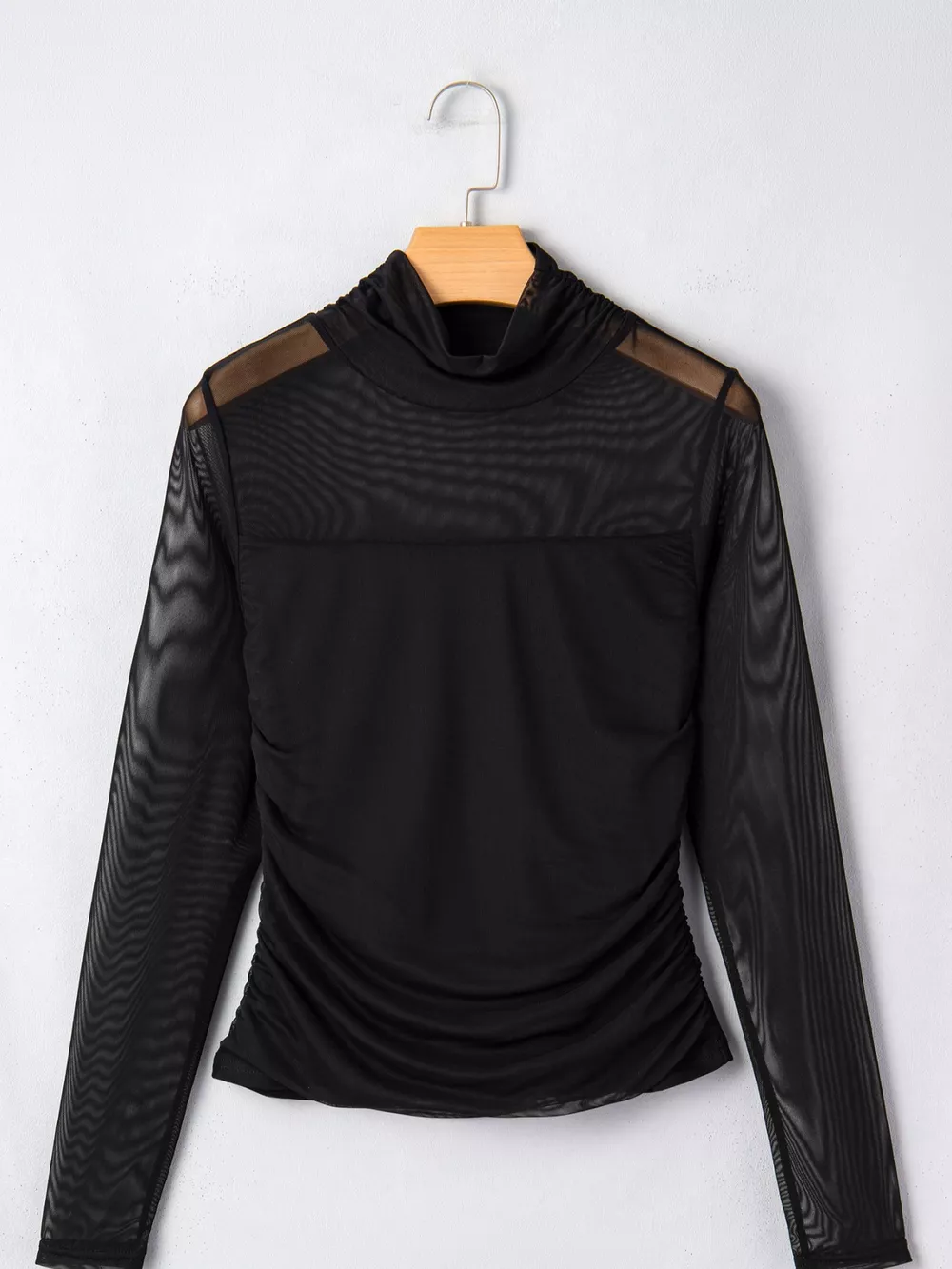Sheer Mesh Patchwork High Neck Long Sleeve Top, image 2