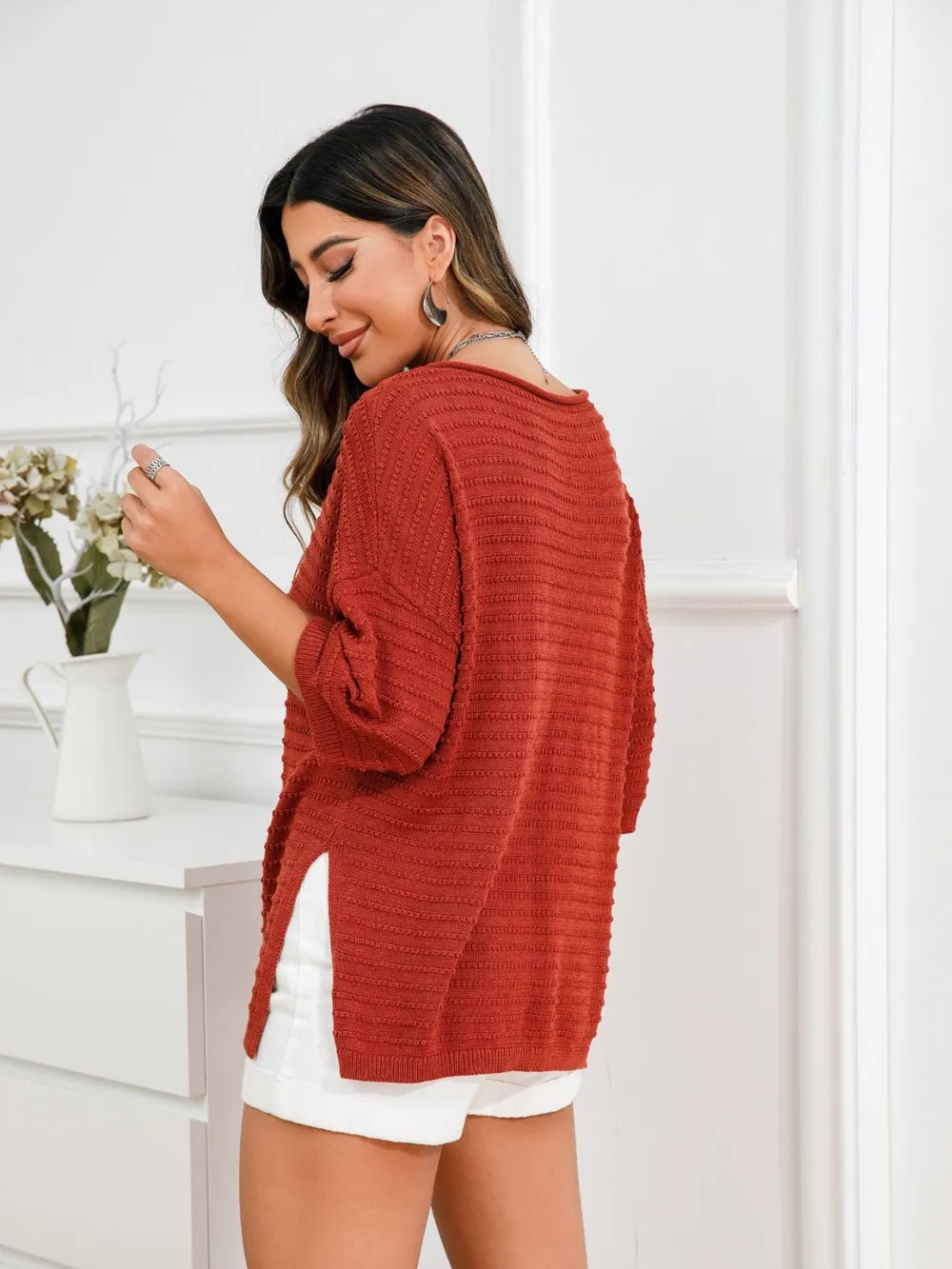 Rolled Round Neck Dropped Shoulder Slit Sweater, image 16
