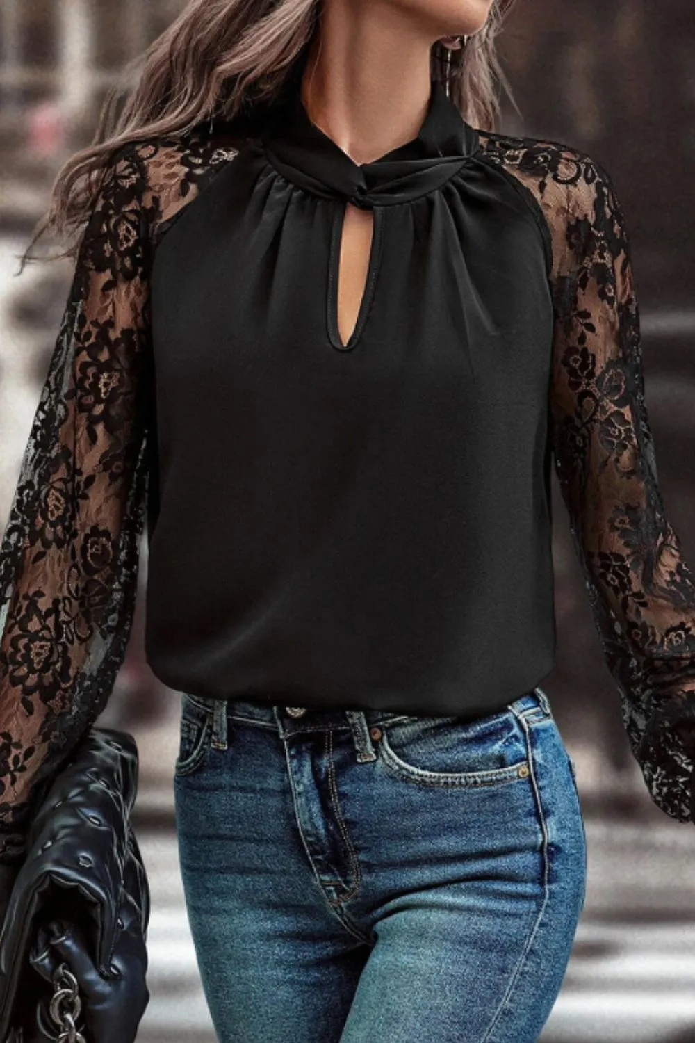 Cutout Lace Detail Long Sleeve Blouse, image 2