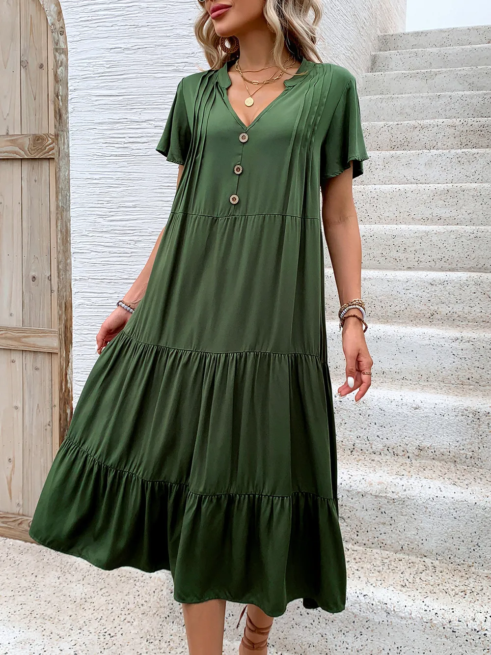 Tiered Notched Short Sleeve Midi Dress, image 2