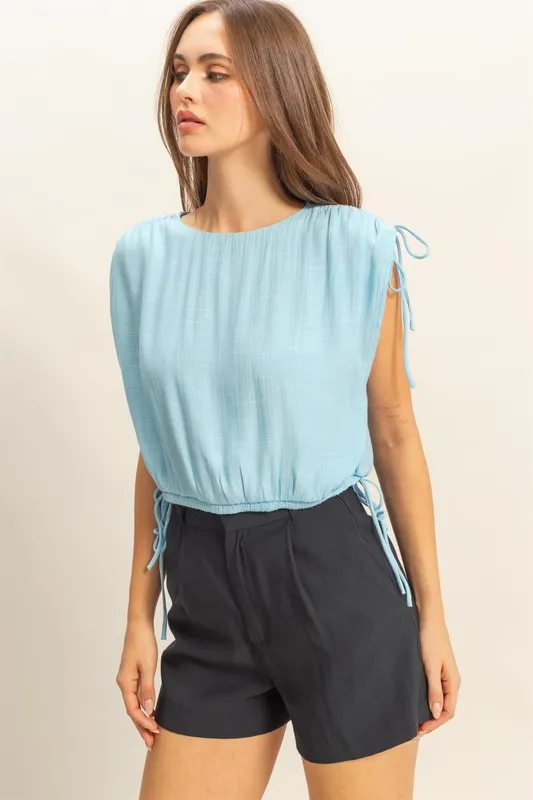 Bubble Hem Side Tie Detail Round Neck Sleeveless Blouse, image 2
