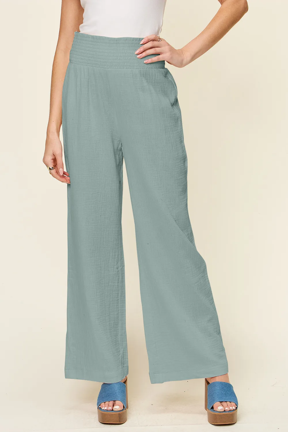 Full Size Texture Smocked Waist Wide Leg Pants, image 9