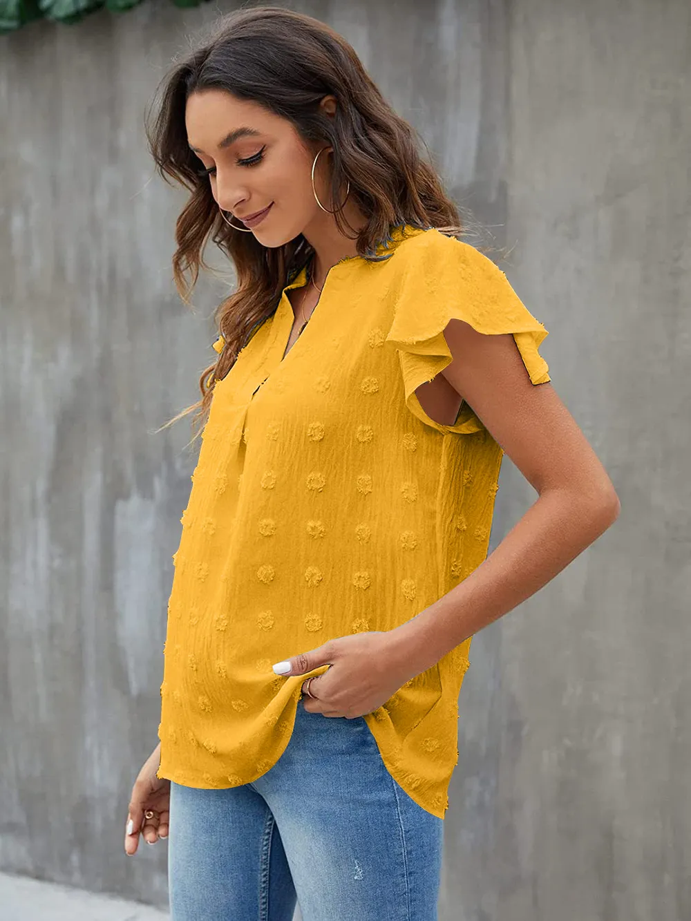 Swiss Dot Notched Flutter Sleeve Blouse, image 2