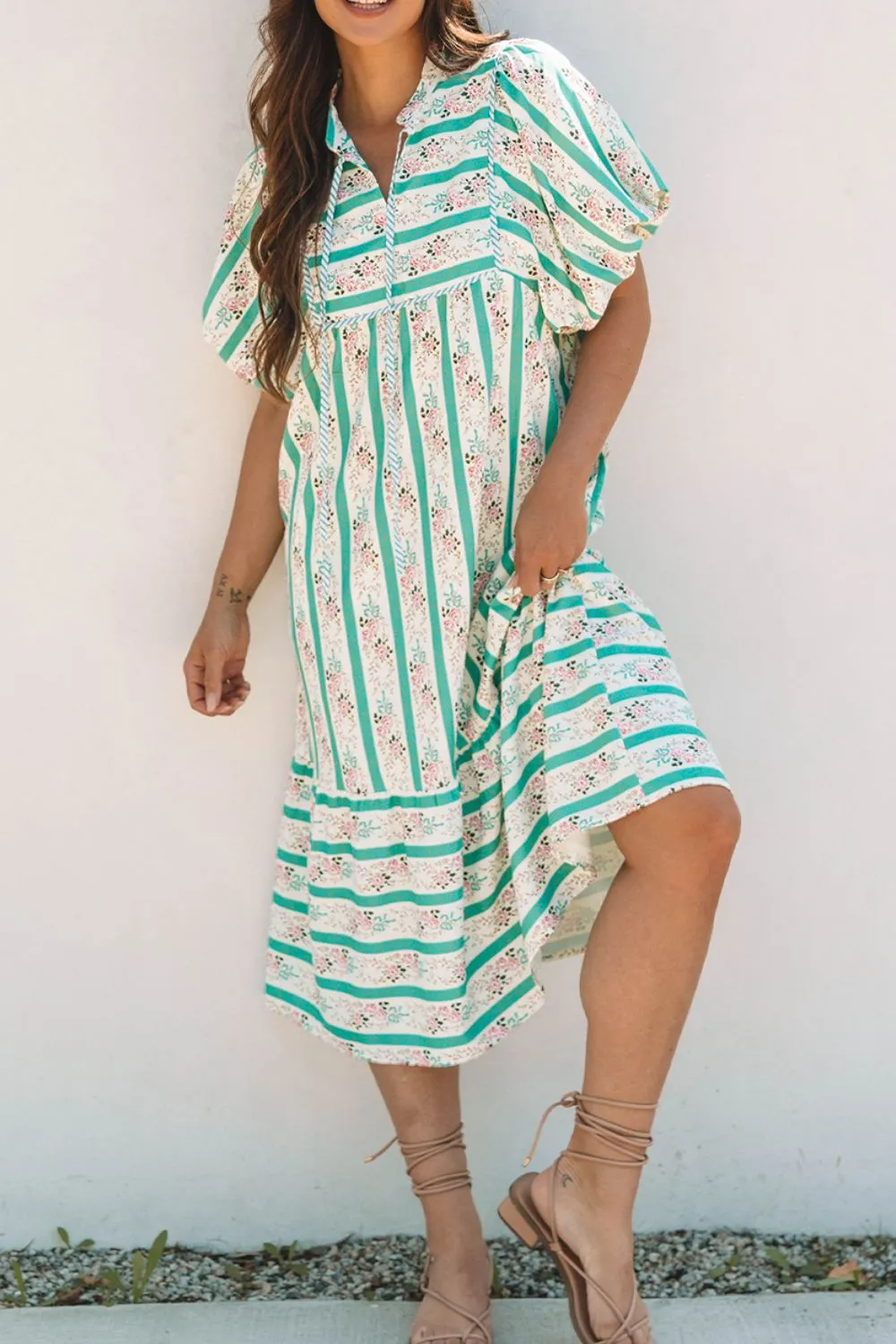 Striped Floral Print Tie Neck Puff Sleeve Midi Dress, image 2
