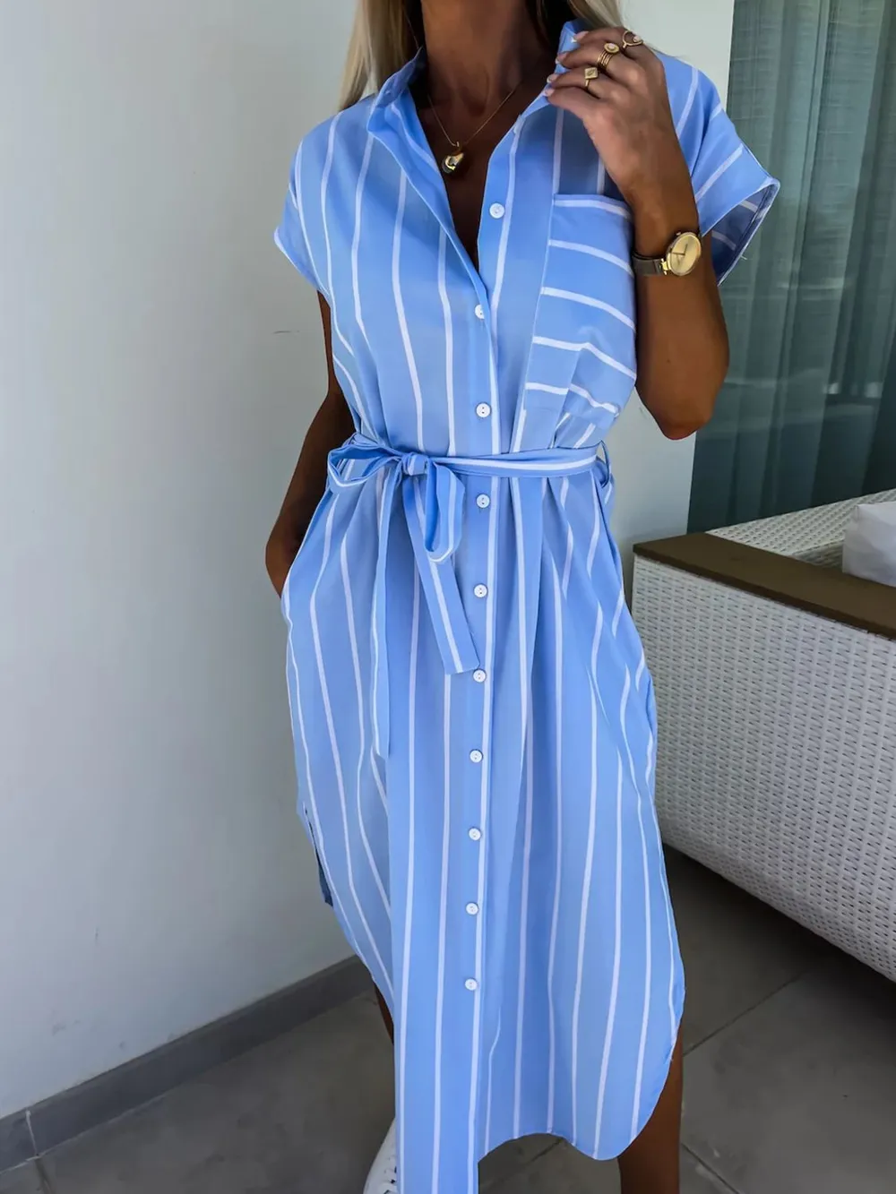 Striped Tie Waist Short Sleeve Dress, image 2