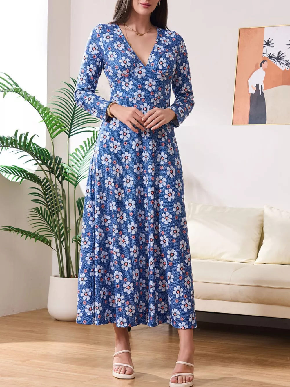 Floral Print V-Neck Long Sleeve Midi Dress, image 3