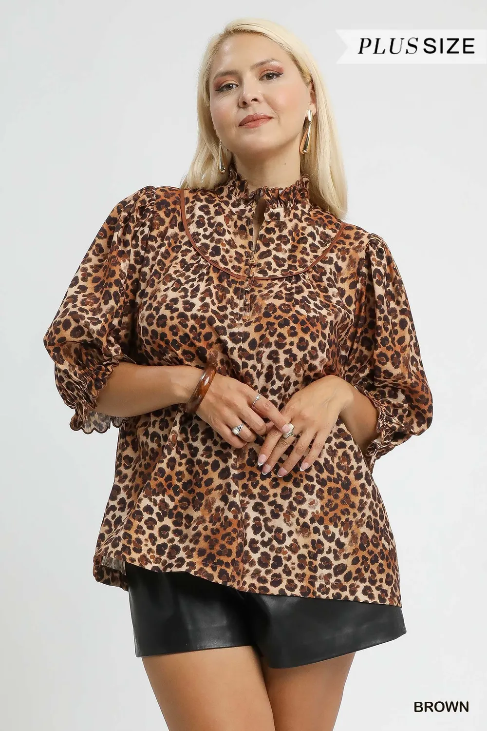 Full Size Leopard Print Ruffle Neck Blouse Plus Size, image 2
