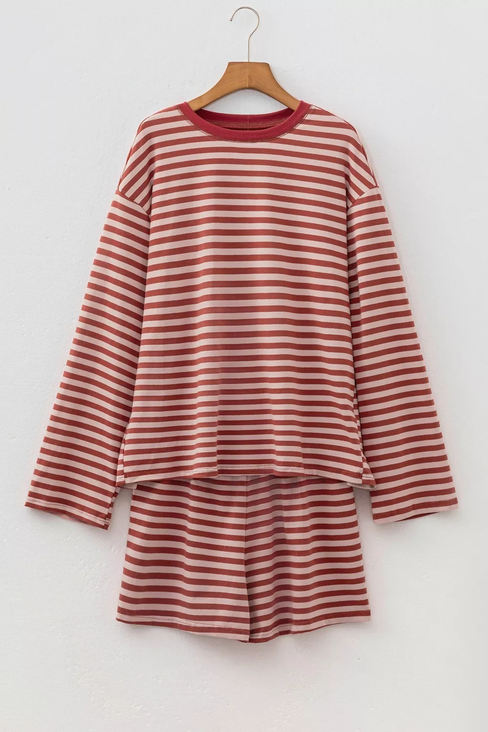 Stripe Relaxed Long Sleeve Top Contrast Elastic Waistband Short Set, image 6