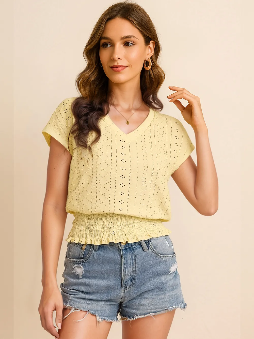 Eyelet V-Neck Short Sleeve Blouse, image 2