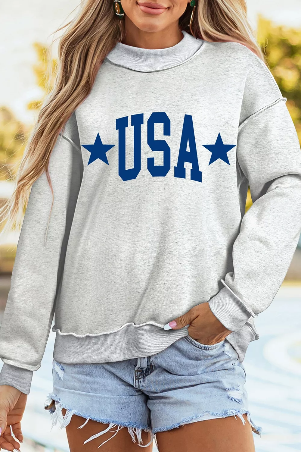 Mock Neck USA Slogan Graphic Sweatshirt, image 7