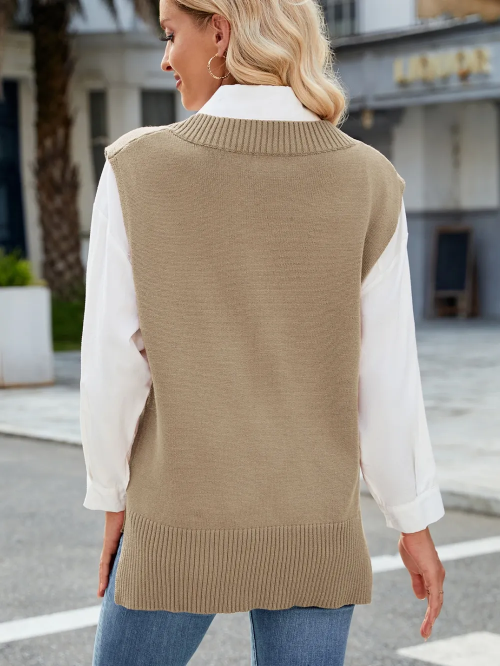 Side Slit V-Neck Sweater Vest, image 2