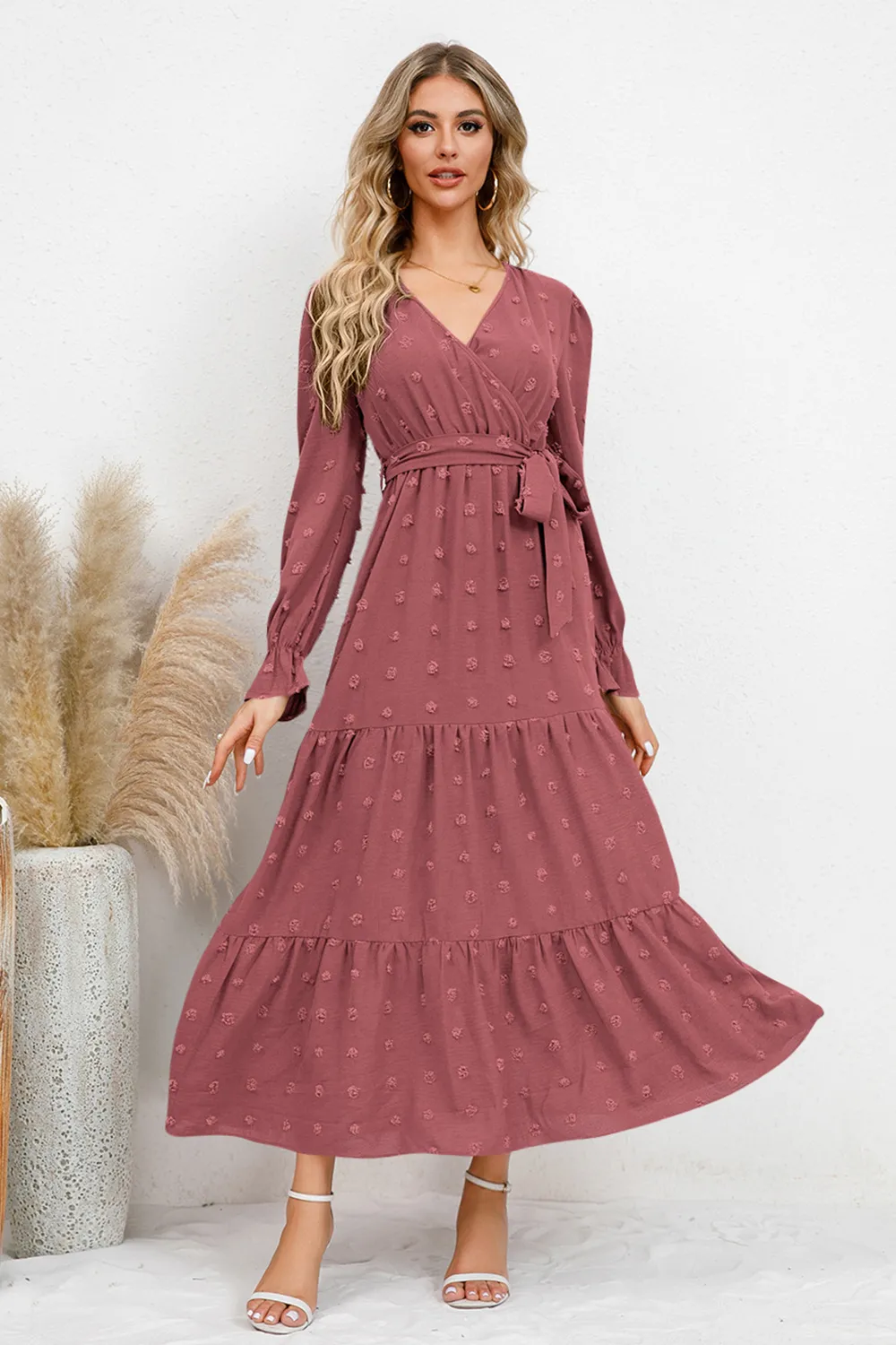 Swiss Dot Tied Surplice Flounce Sleeve Dress, image 18