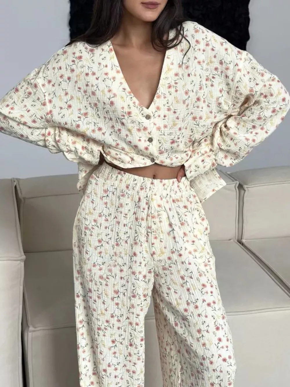 Floral Print Button-Down Top and Pants Lounge Set, image 2
