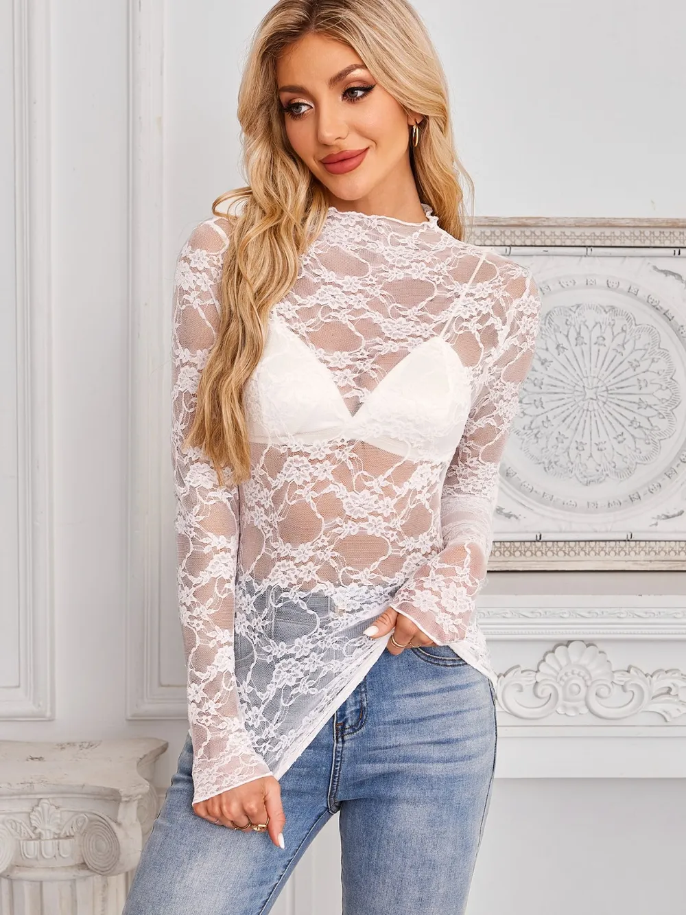 Mock Neck Long Sleeve Lace Sheer Top, image 2