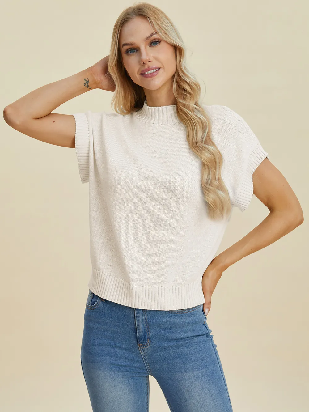 Full Size Mock Neck Short Sleeve Sweater, image 3