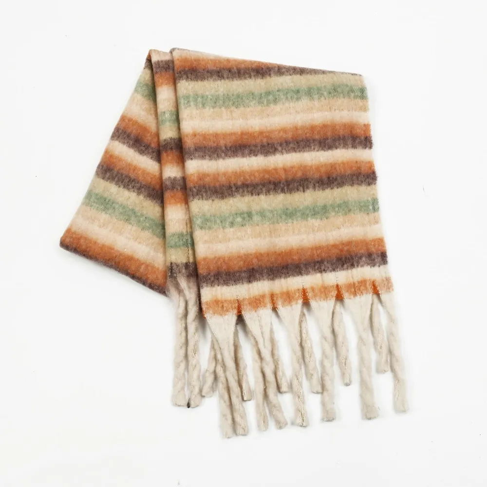 Fringe Contrast Striped Polyester Scarf, image 2