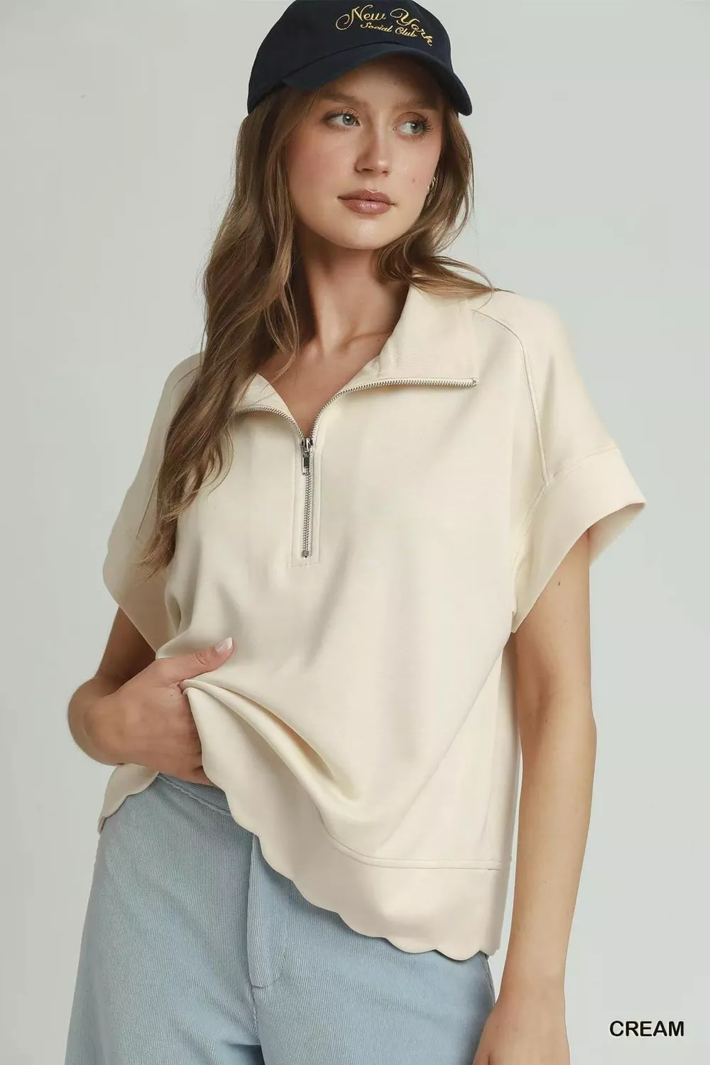 Half Zip Pullover with Scalloped Edge Hem